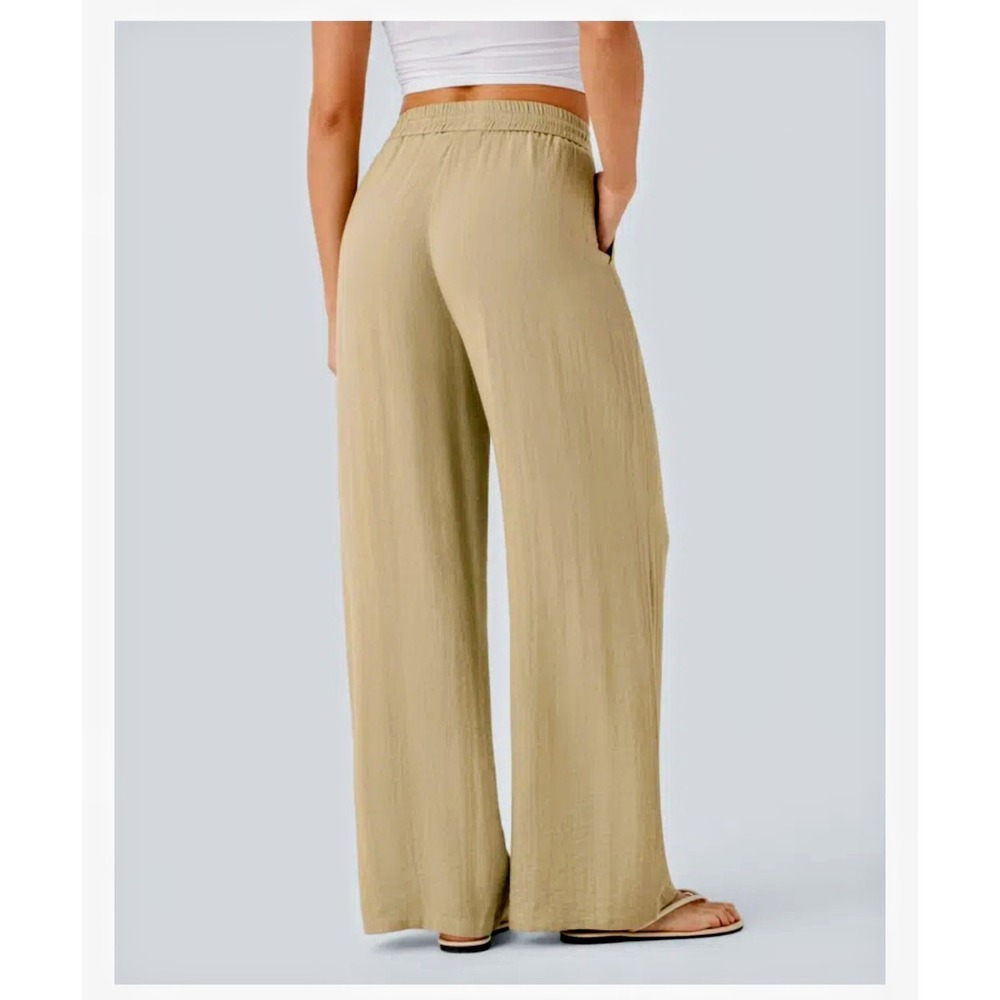Halara Wide Leg Drawstring Pants Womens Medium Beige Casual Textured Trousers - Picture 2 of 7